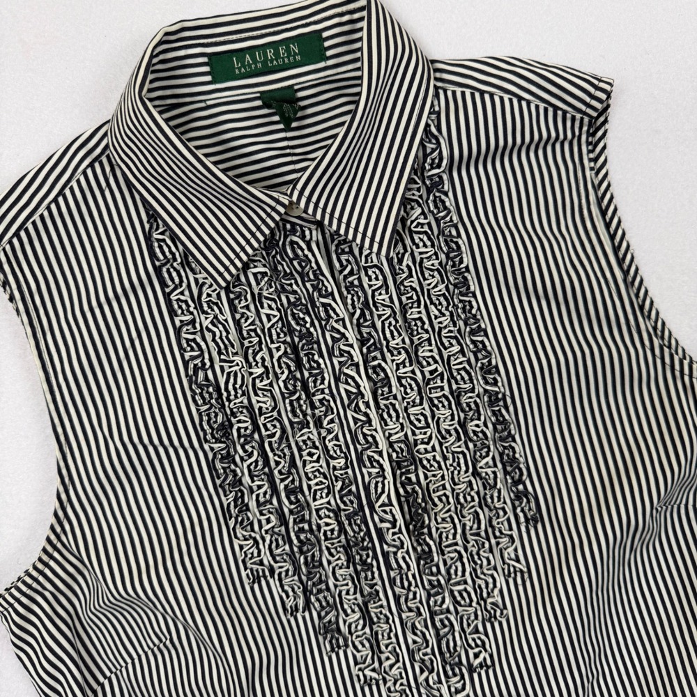 Lauren Ralph Lauren Womens Black White Striped Ruffle Bib Sleeveless Shirt Sz 4